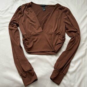 Forever 21 Chocolate Brown V-Neck Cropped Long Sleeve Top